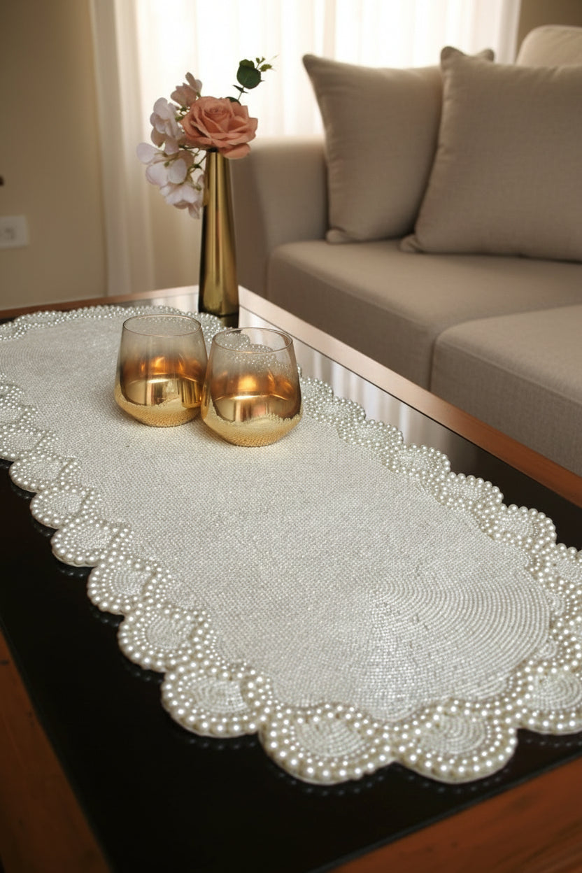 Oval-Shaped Pearl Beaded Table Runner
