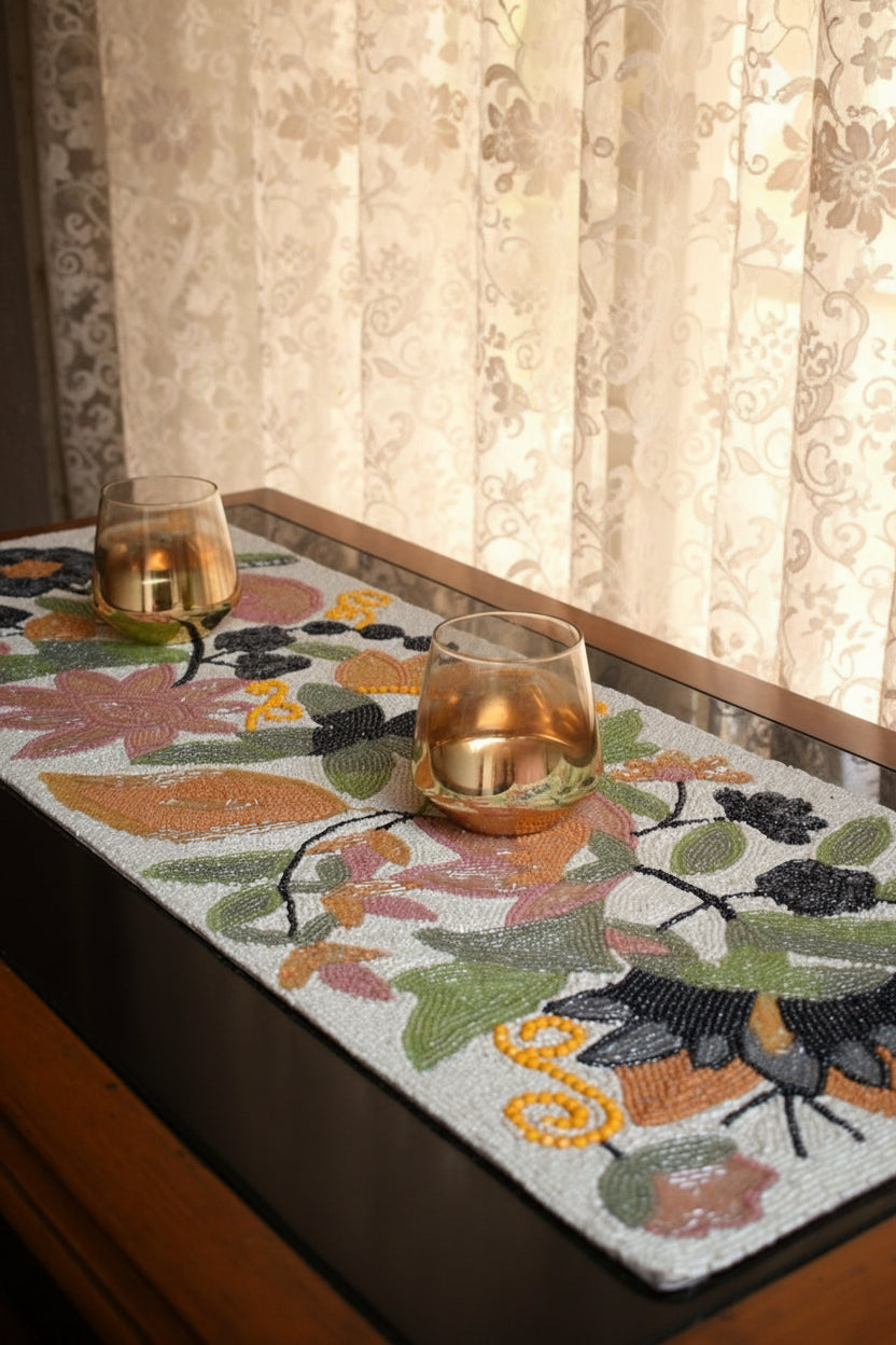 Peach, Cream and Green - Floral Beaded Runner