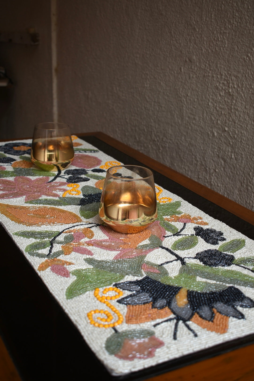 Peach, Cream and Green - Floral Beaded Runner