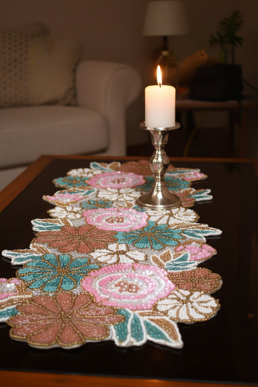 Pink Rust Green Floral Beaded Runner