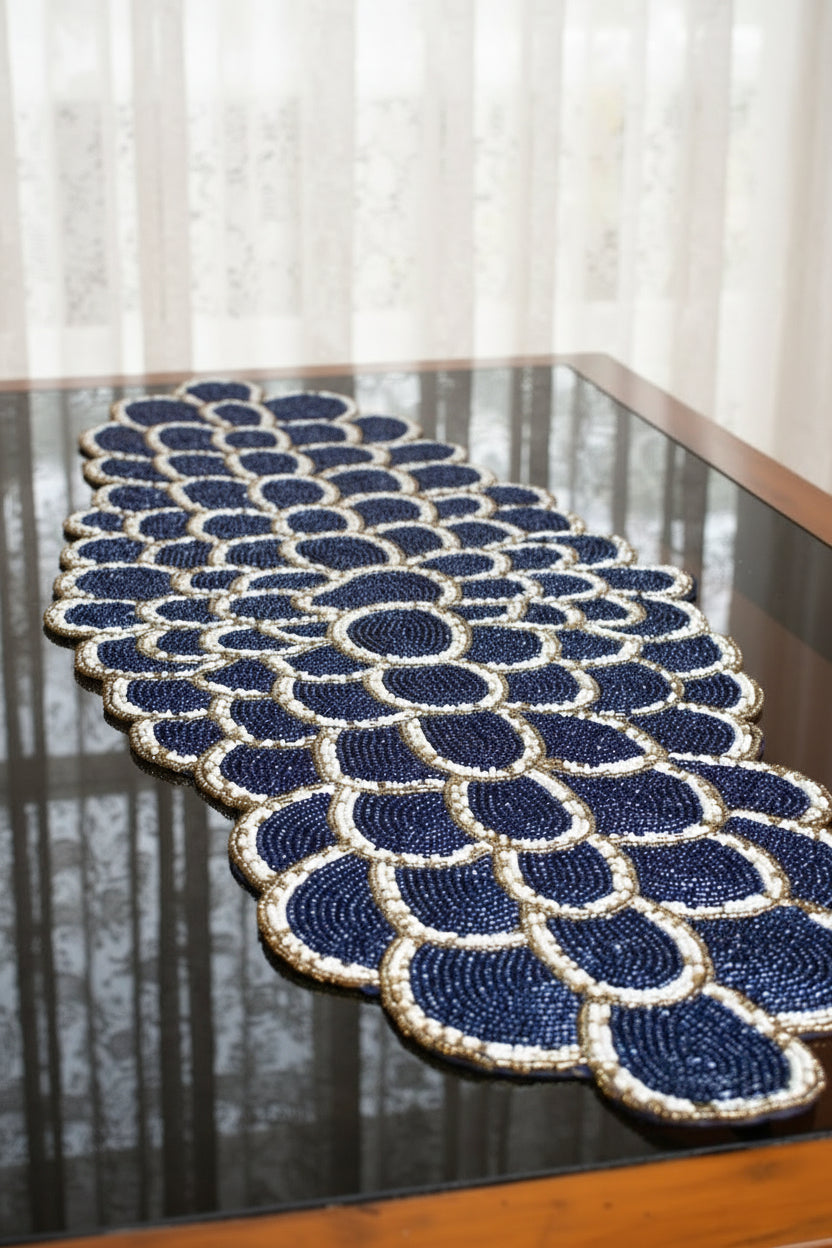 Blue Peacock Design Beaded Runner