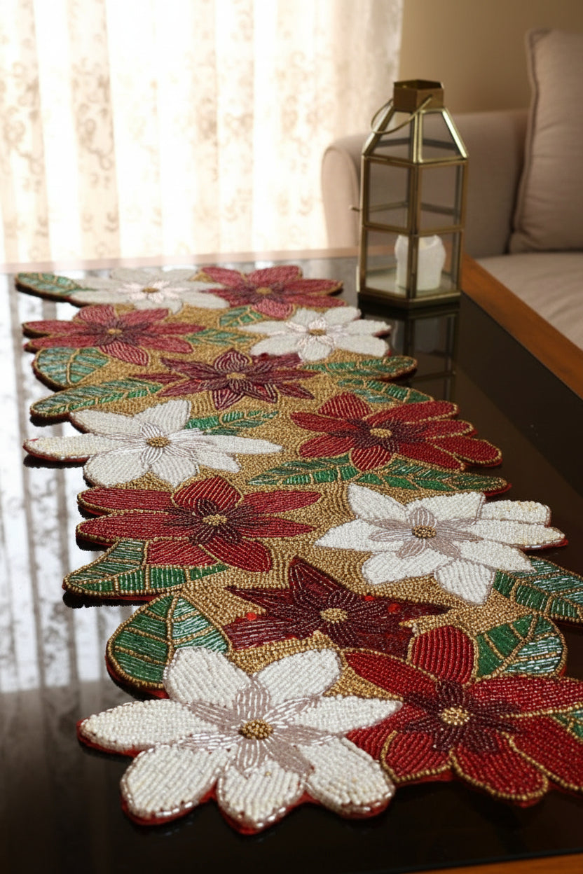 Red and white Poinsettia Beaded Runner