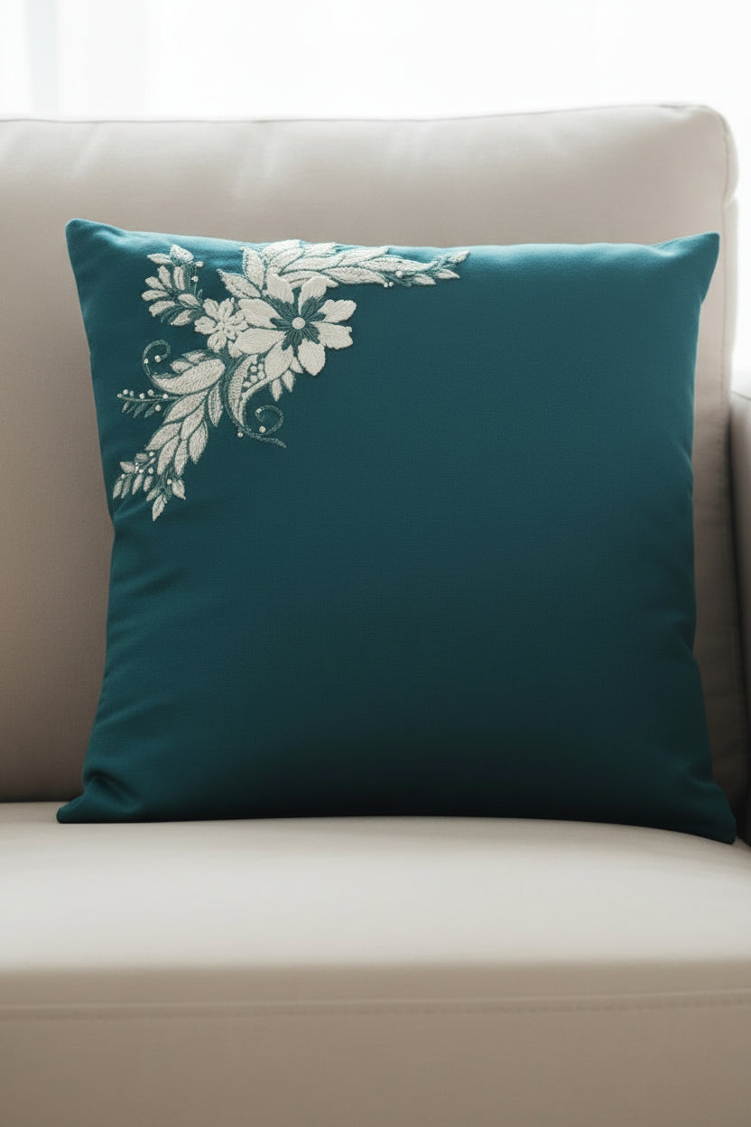 Green Silk Cushion Cover with Lace Embellished Motif