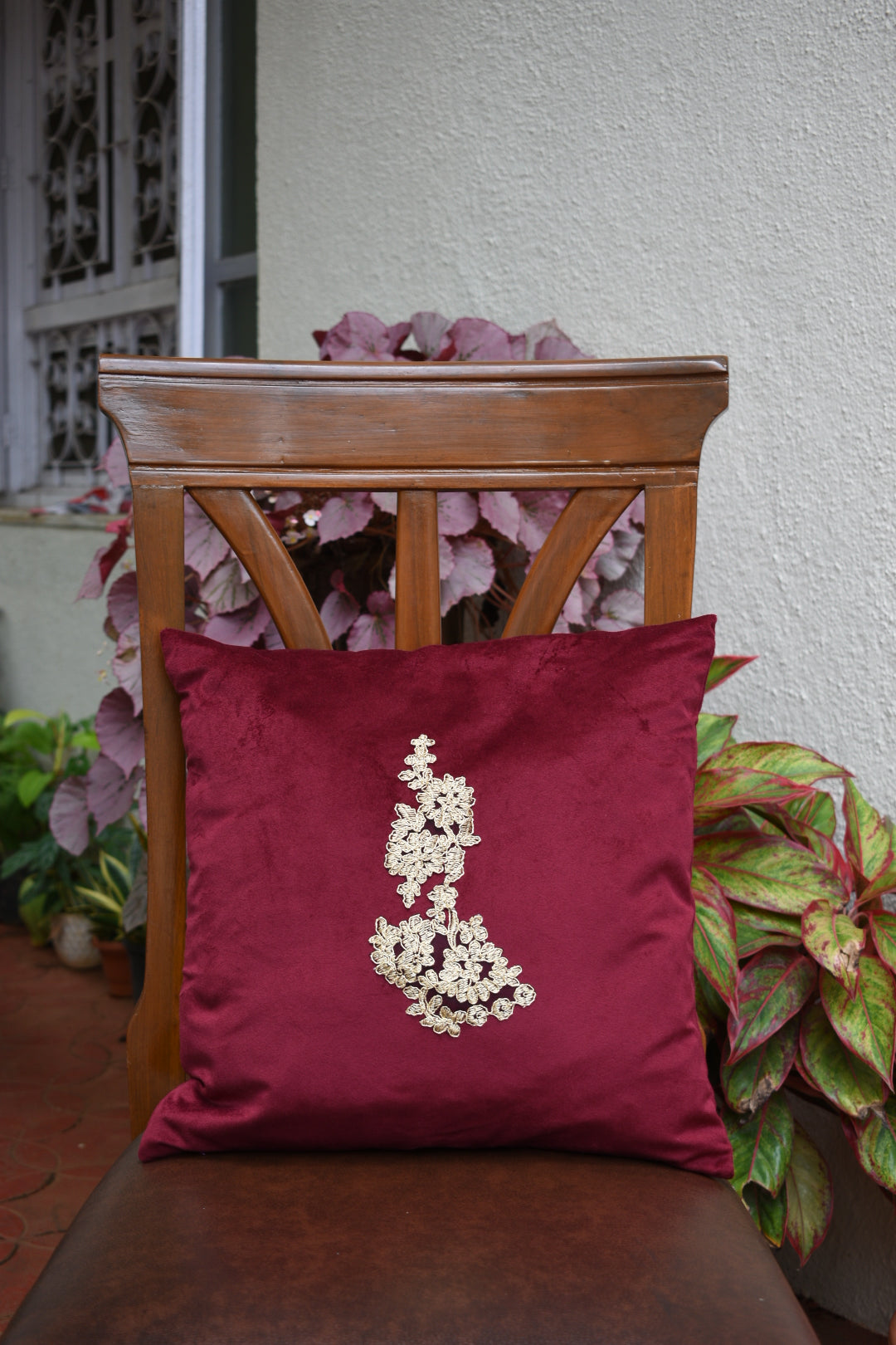 Maroon Velvet Cushion Cover with Gold Embroidered Motif - Set of 2