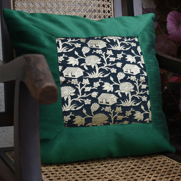 Forest-Inspired Brocade Silk Cushion Cover with a silk border