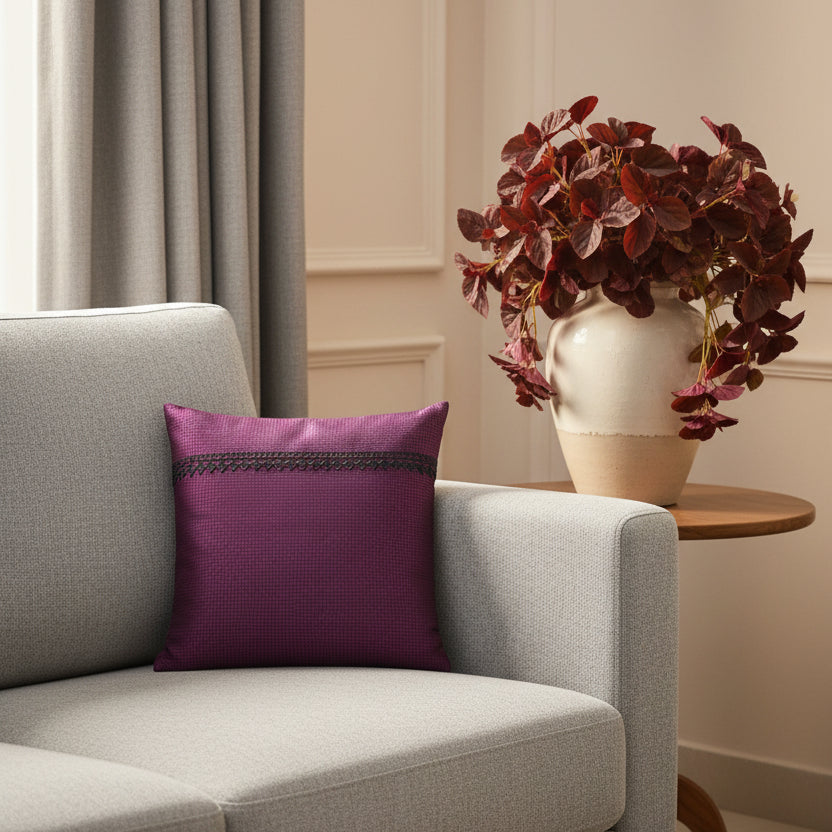 Wine-coloured chequered silk cushion cover