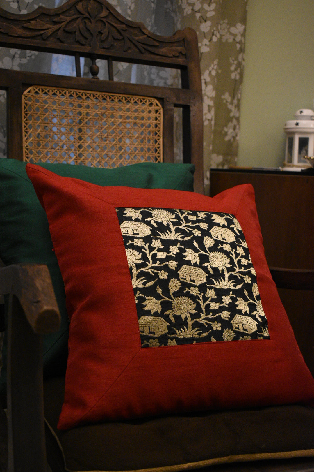 Forest-Inspired Brocade Silk Cushion Cover with a Red silk border