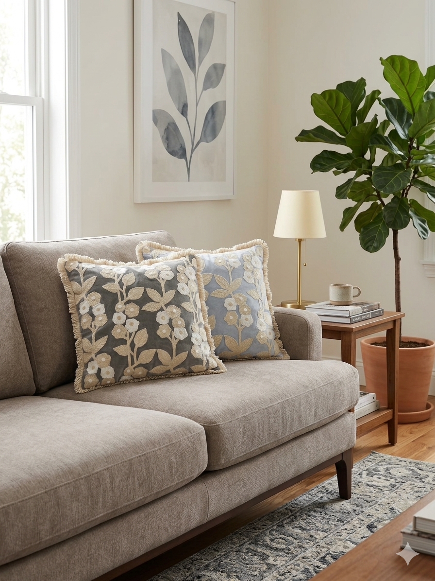 Light Grey Velvet Cushion cover with Soft Cream Embroidery