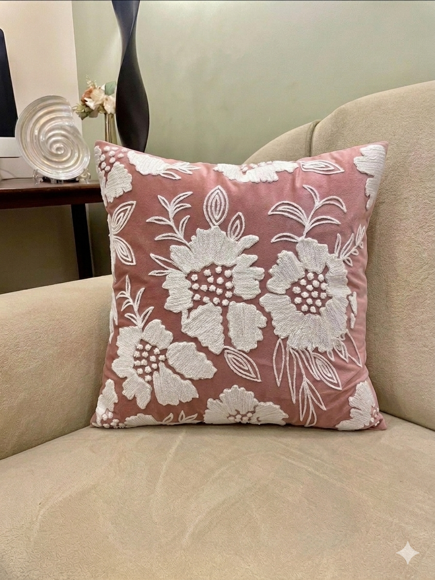 Blush Bloom Velvet Embroidered Cushion Cover
