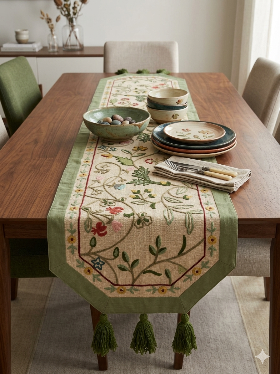 FloralEmbroidered Table Runner - Sage Green