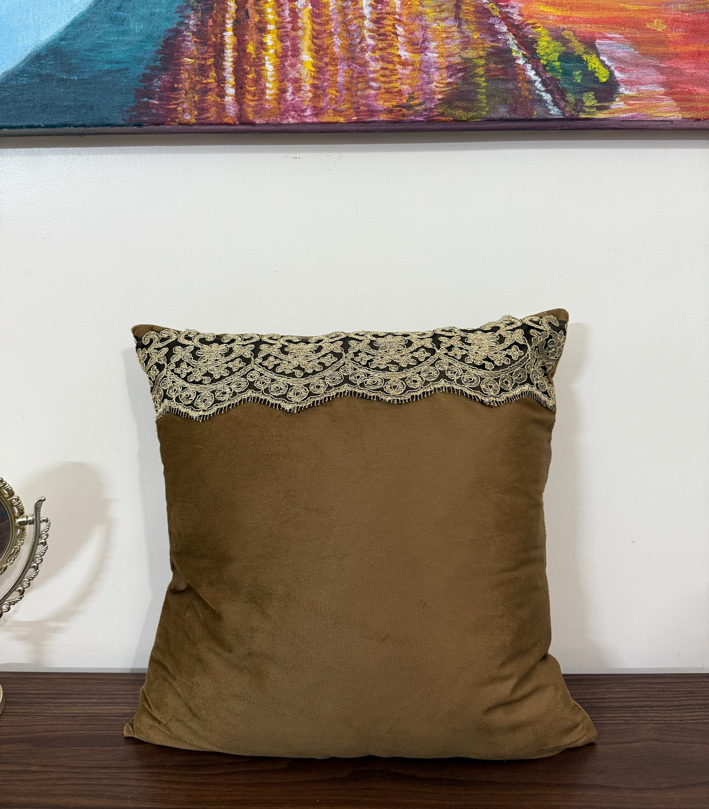 Soft brown velvet fabric cushion cover enriched with delicate antique gold lace embellishments
