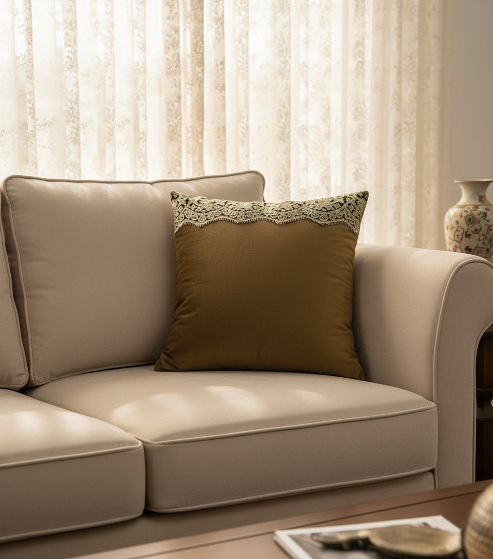 Soft brown velvet fabric cushion cover enriched with delicate antique gold lace embellishments