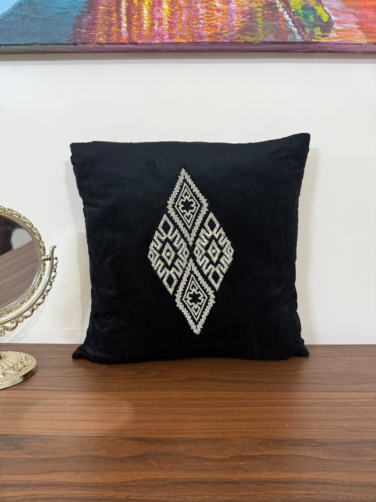 Black Velvet Cushion Cover with Light Gold Motif
