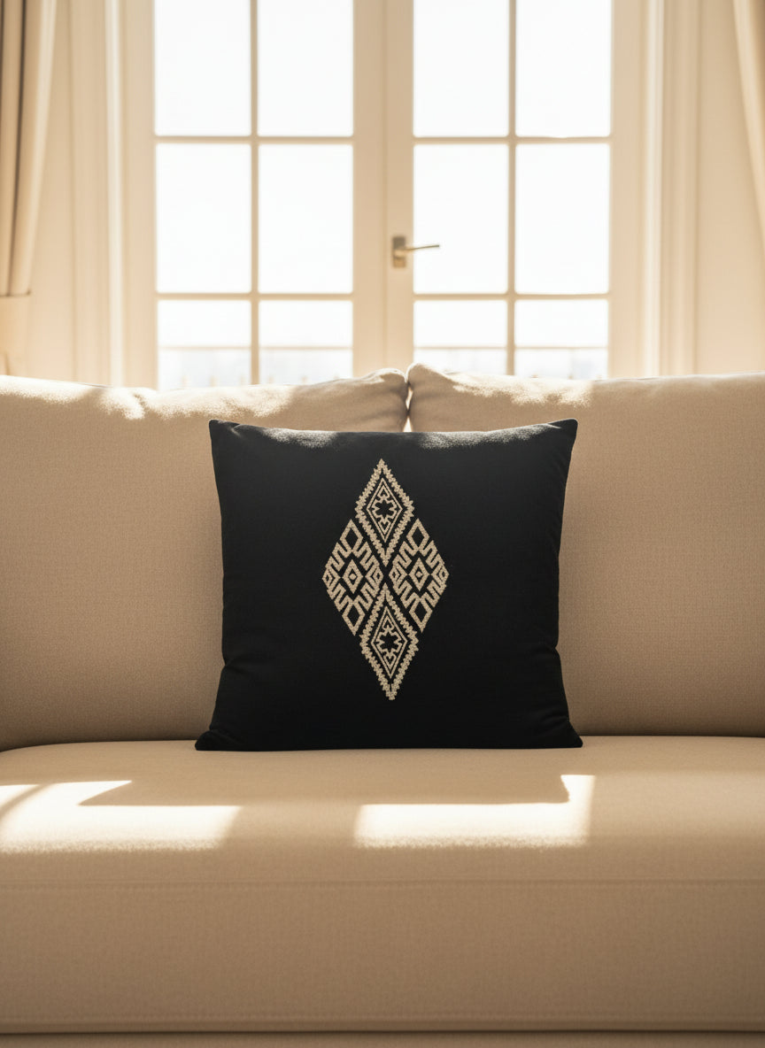 Black Velvet Cushion Cover with Light Gold Motif