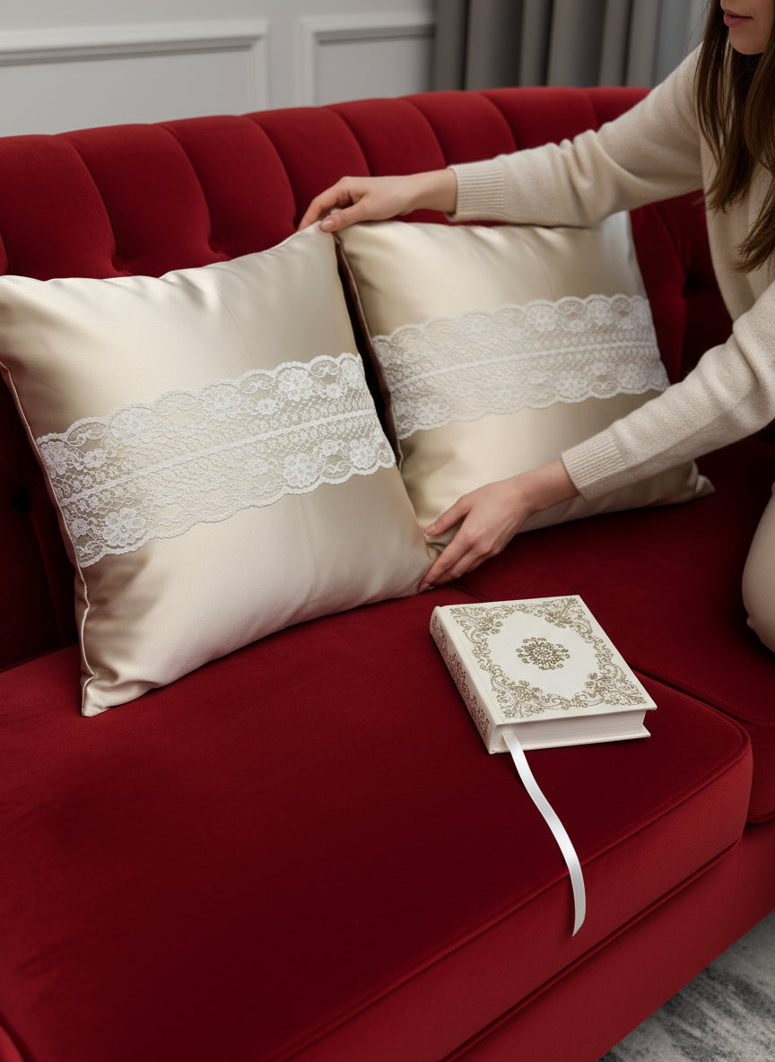 Satin Cushion Covers with Lace detailing - Set of 2