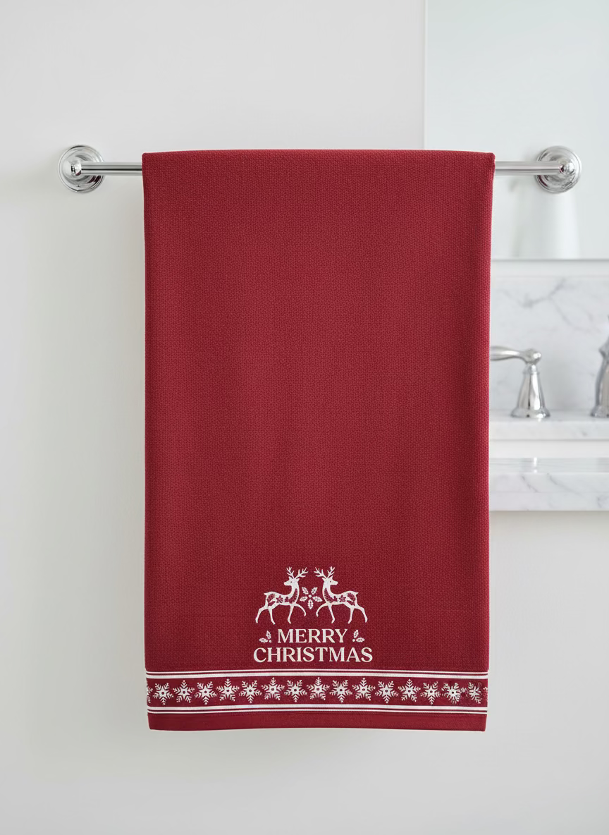 Red hand towel with white reindeer and Merry Christmas text