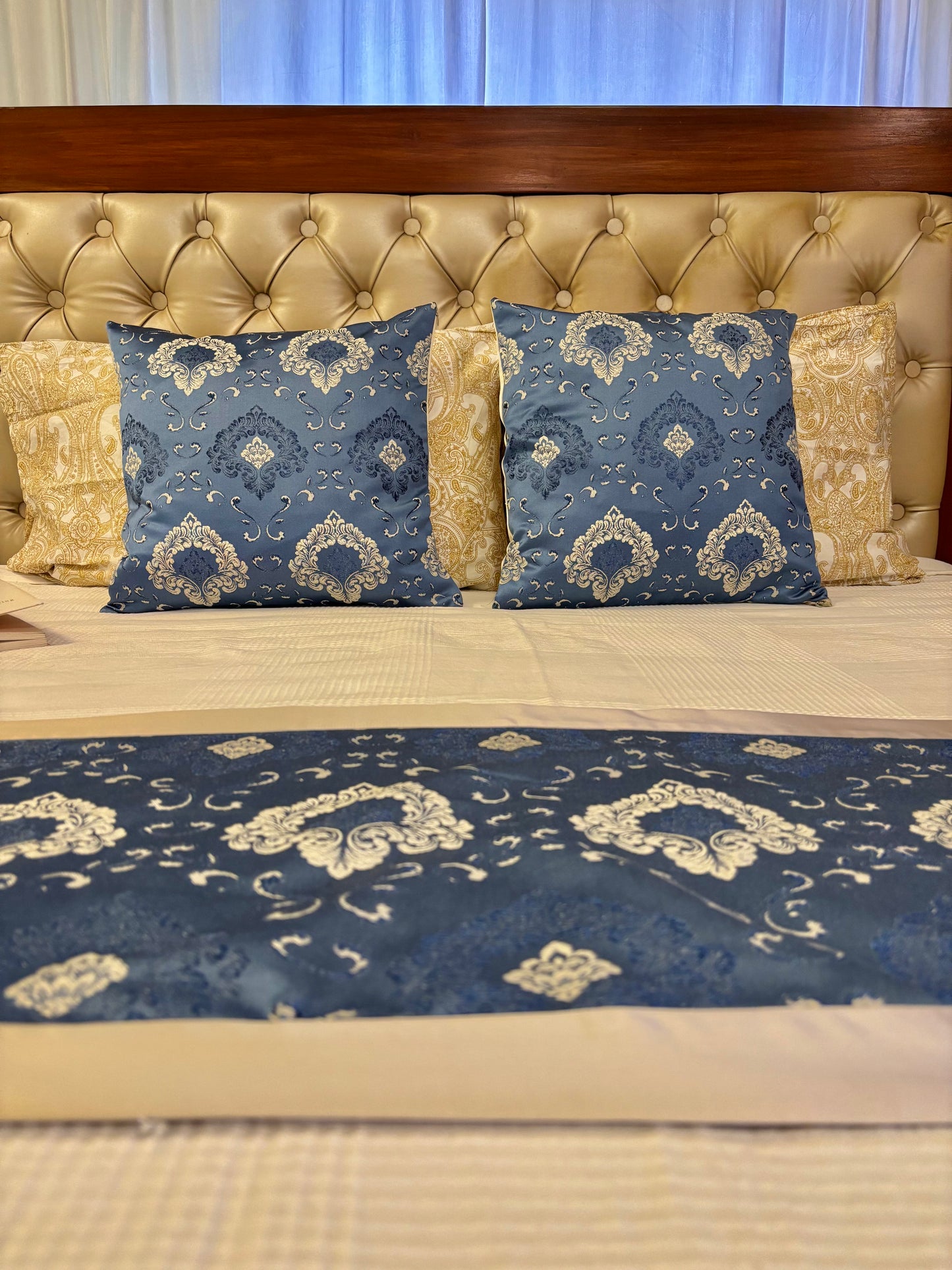 Jacquard-Satin Blue shade Bedrunnner and cushion Cover (Copy)
