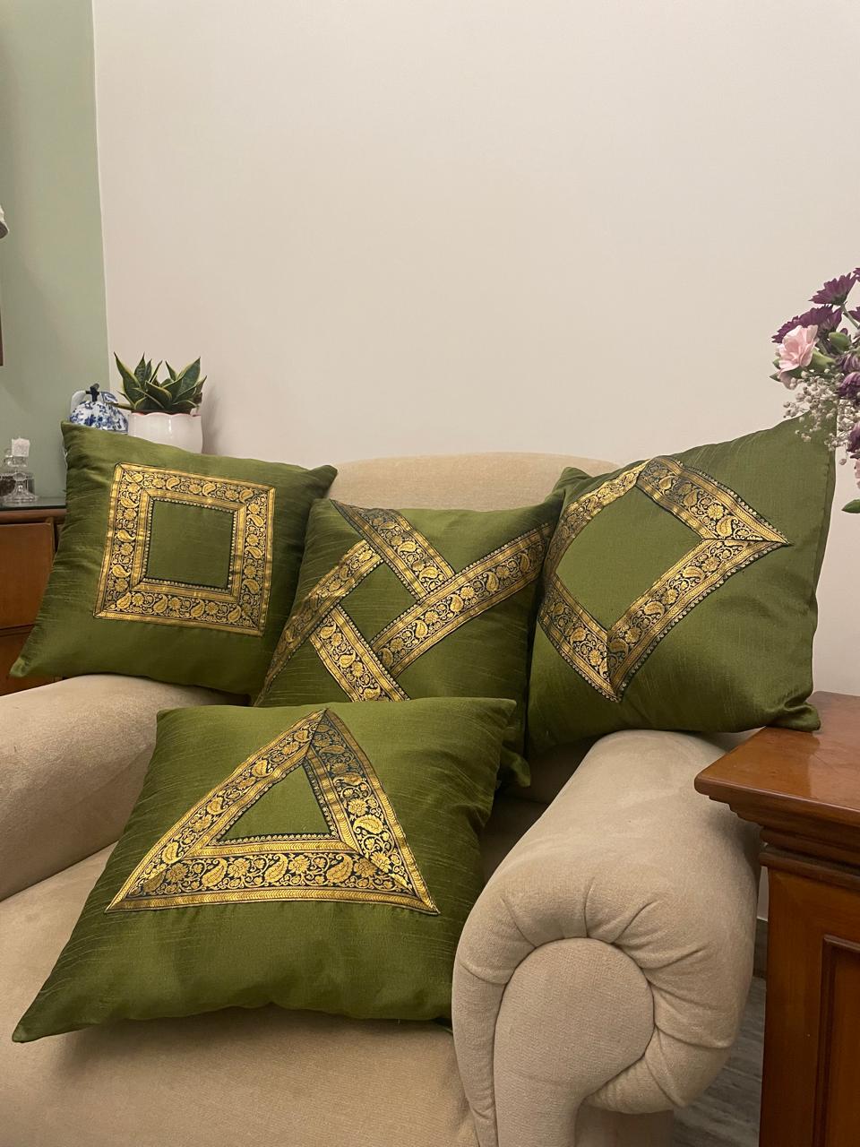 Olive Green Cushion Covers Embellished with Zari bordered lace