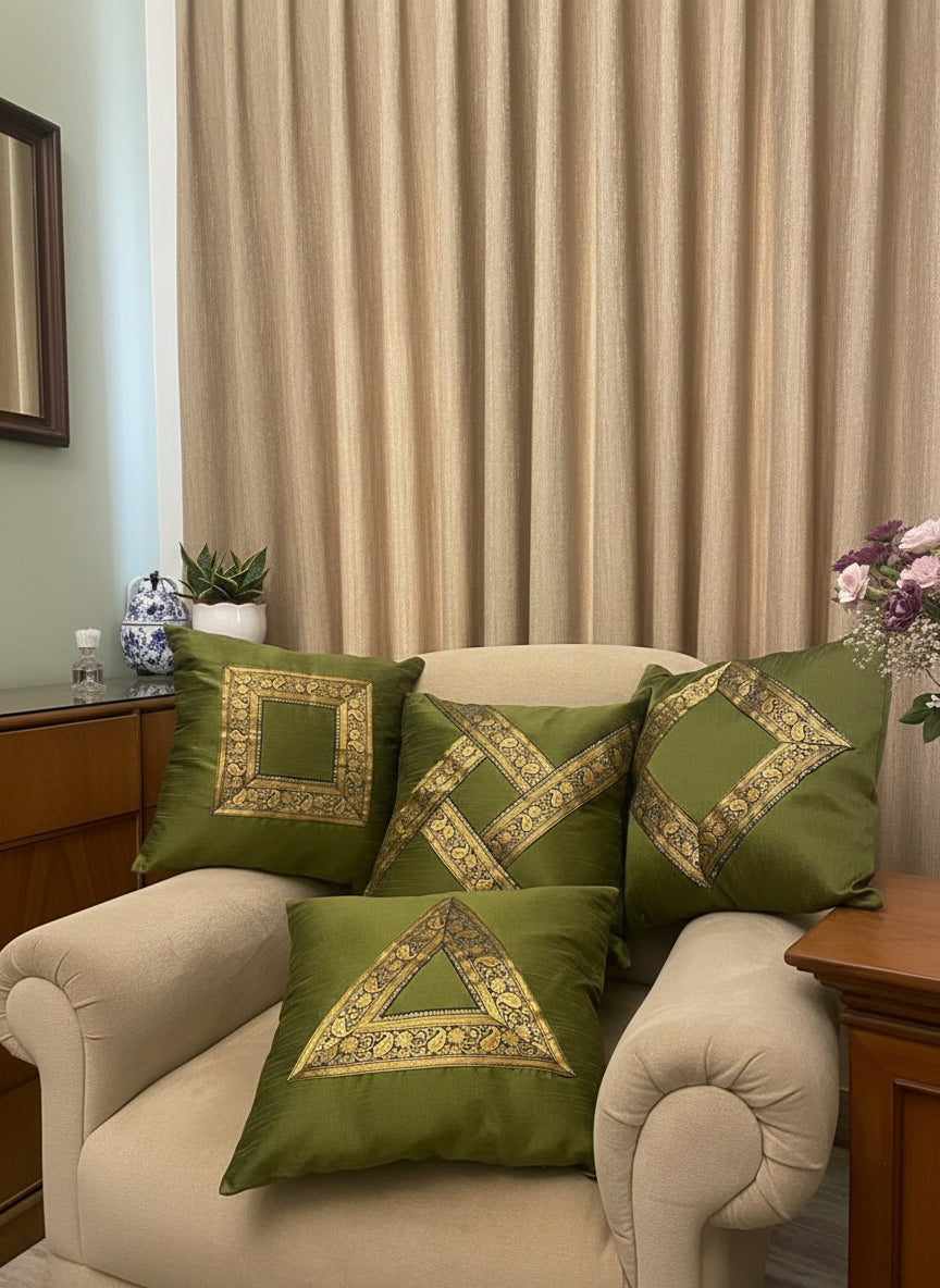 Olive Green Cushion Covers Embellished with Zari border Design- Set of 4