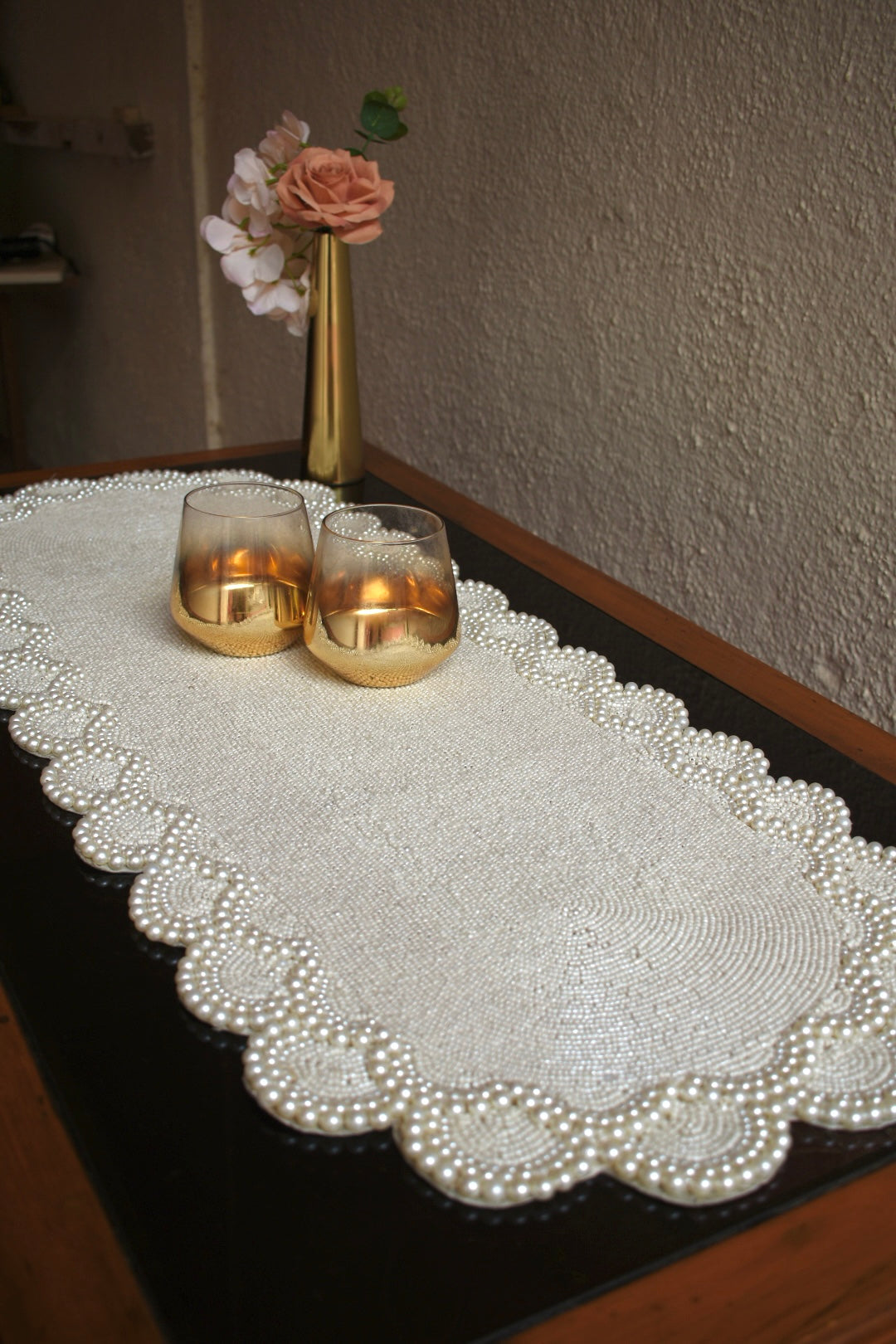 Oval-Shaped Pearl Beaded Table Runner