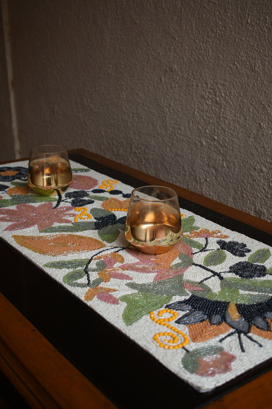 Peach, Cream and Green - Floral Beaded Runner