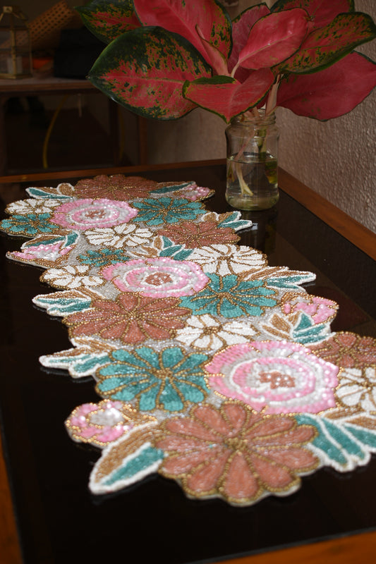 Pink Rust Green Floral Beaded Runner