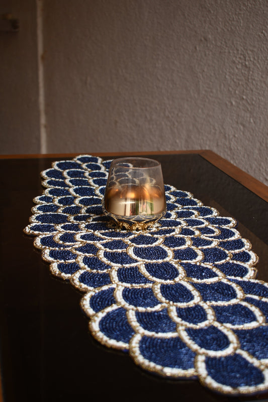 Blue Peacock Design Beaded Runner