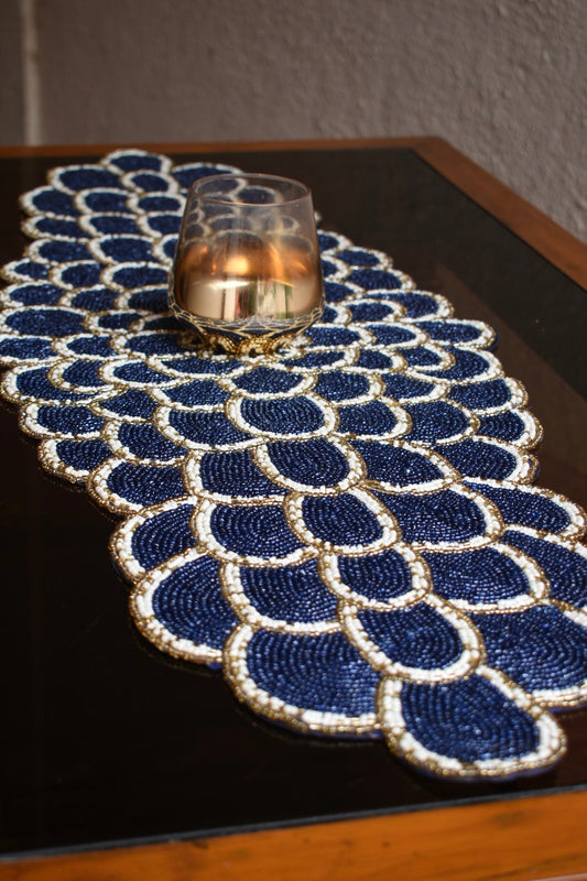 Blue Peacock Design Beaded Runner