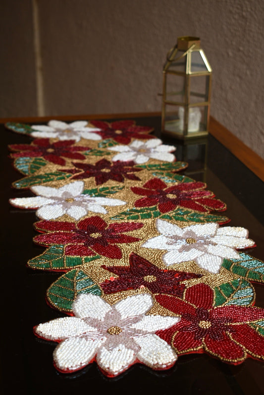 Red and white Pointesettia Beaded Runner