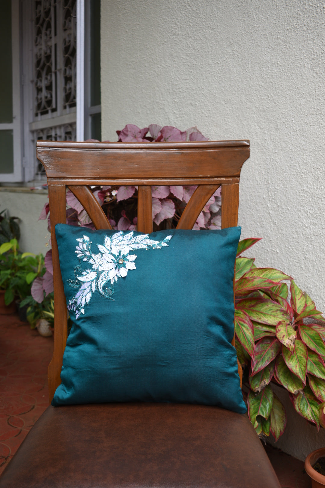 Green Silk Cushion Cover with Lace Embellished Motif