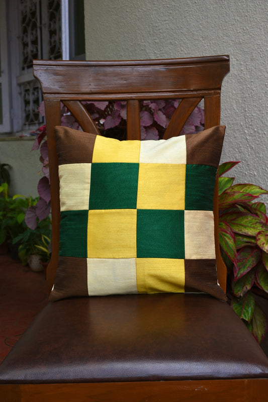🌿 Handmade Silk Patchwork Cushion Cover – Green, Yellow & Brown Tones