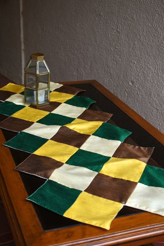 🌿 Handmade Silk Patchwork Runner – Green, Yellow & Brown Tones