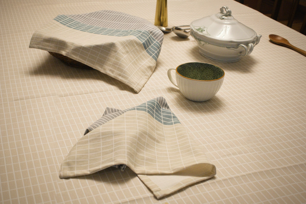 Cream-Grid Table Coth for a 6-8 seater table.