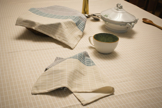 Cream-Grid Table Coth for a 6-8 seater table.