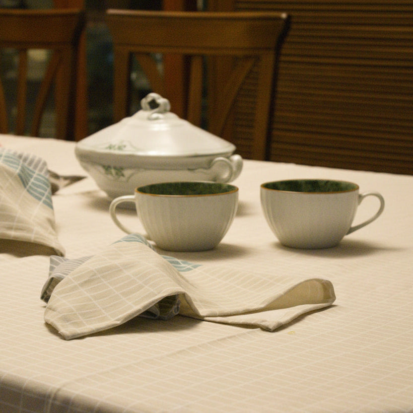 Cream-Grid Table Coth for a 6-8 seater table.