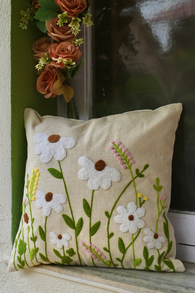 White Daisies Embroidered Cushion Cover