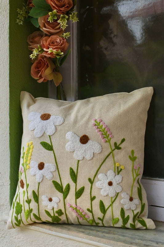 White Daisies Embroidered Cushion Cover