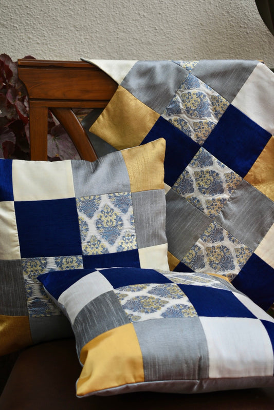 Elegant Grey Blue Patchwork Cushion Covers & Runner Set