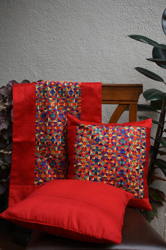 Vibrant Multicolour Embroidered Cushion Cover with Red Silk Border