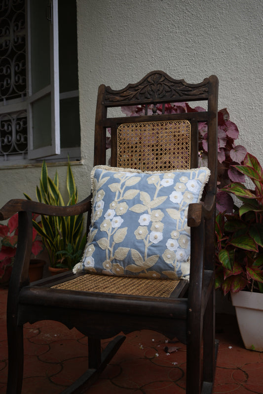 Light Grey Velvet Cushion cover with Soft Cream Embroidery