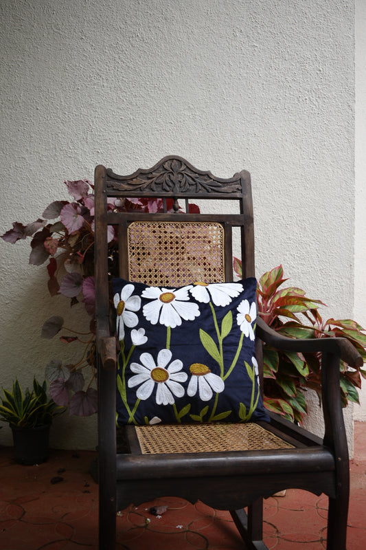Blue Velvet Cushion Cover with White Daisy Floral Embroidery