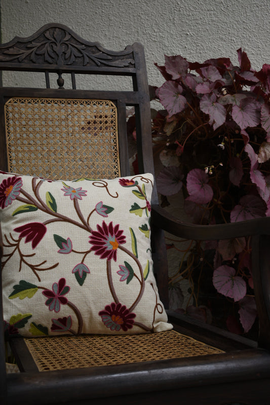 Maroon Floral Embroidered Cotton Cushion Cover”