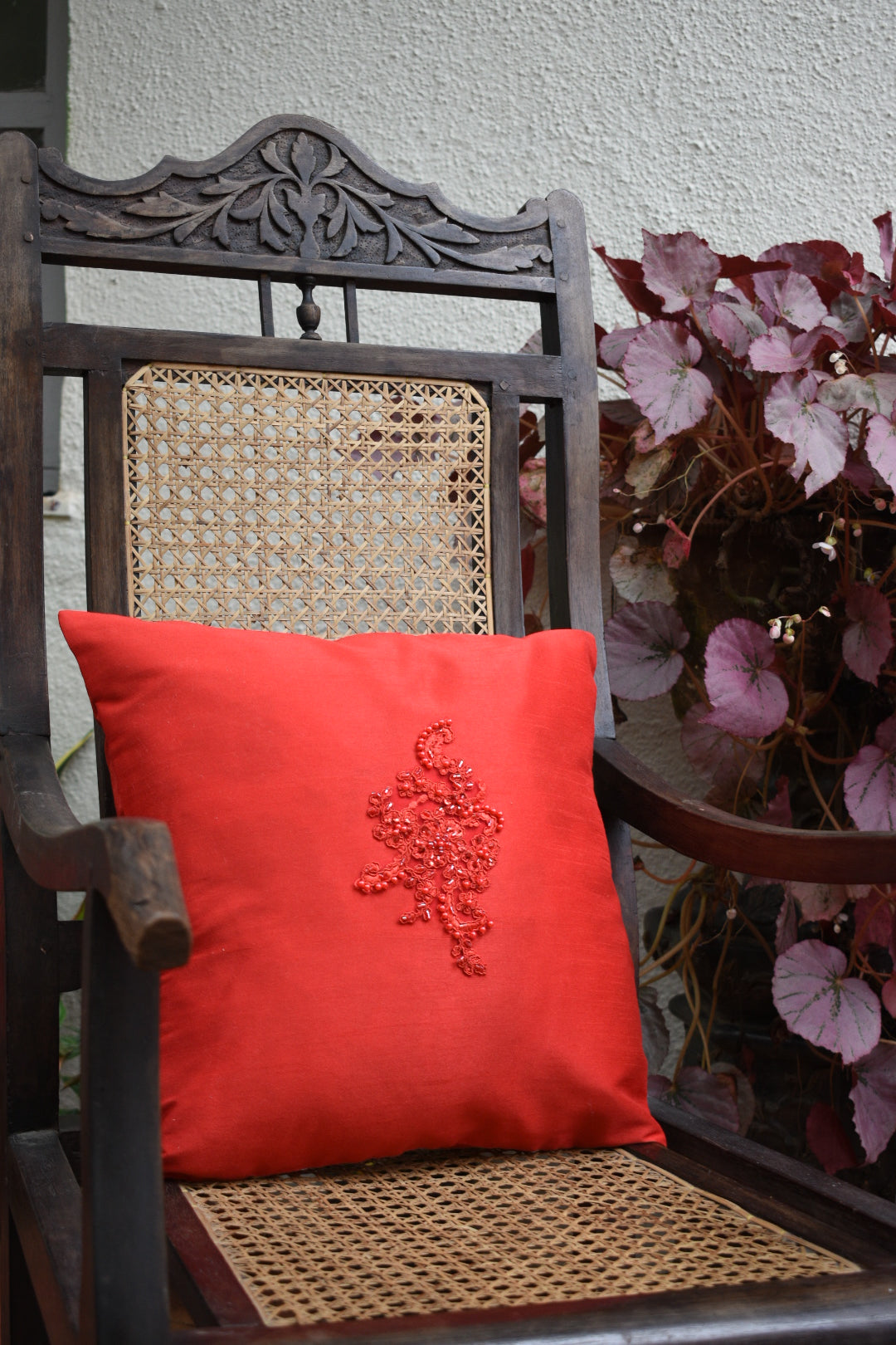 Red Silk Cushion with  Sequin and beaded Applique