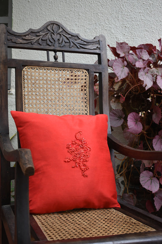 Red Silk Cushion with  Sequin and beaded Applique