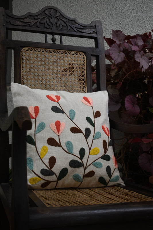 Multicoloured Leaf Embroidery Cushion Cover