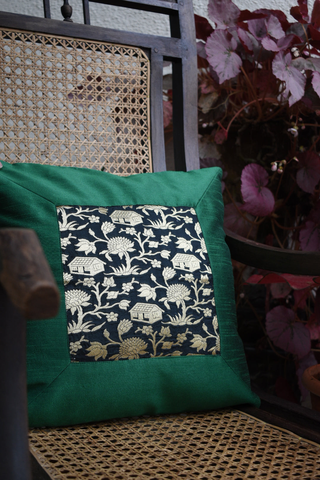 Forest-Inspired Brocade Silk Cushion Cover with a silk border
