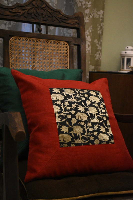 Forest-Inspired Brocade Silk Cushion Cover with a Red silk border