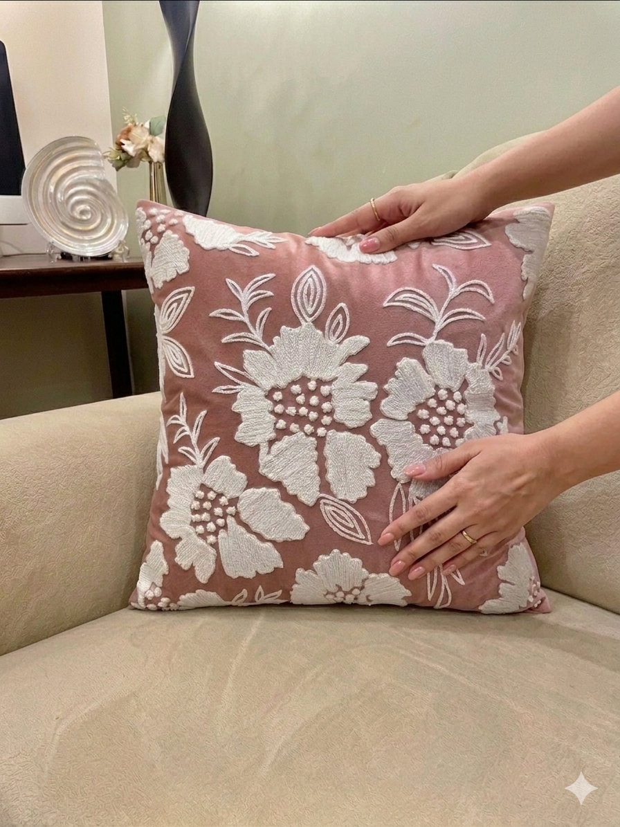 Blush Bloom Velvet Embroidered Cushion Cover