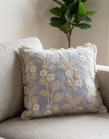 Light Grey Velvet Cushion cover with Soft Cream Embroidery