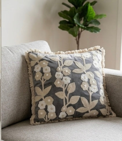 Dark Grey Velvet Cushion cover with Soft Cream Embroidery